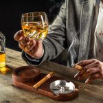 Ashtray and Whiskey Glass Tray: Premium Cigar Holder for Indoor and Outdoor Use, Detachable Wooden Ash Tray for Cigarettes