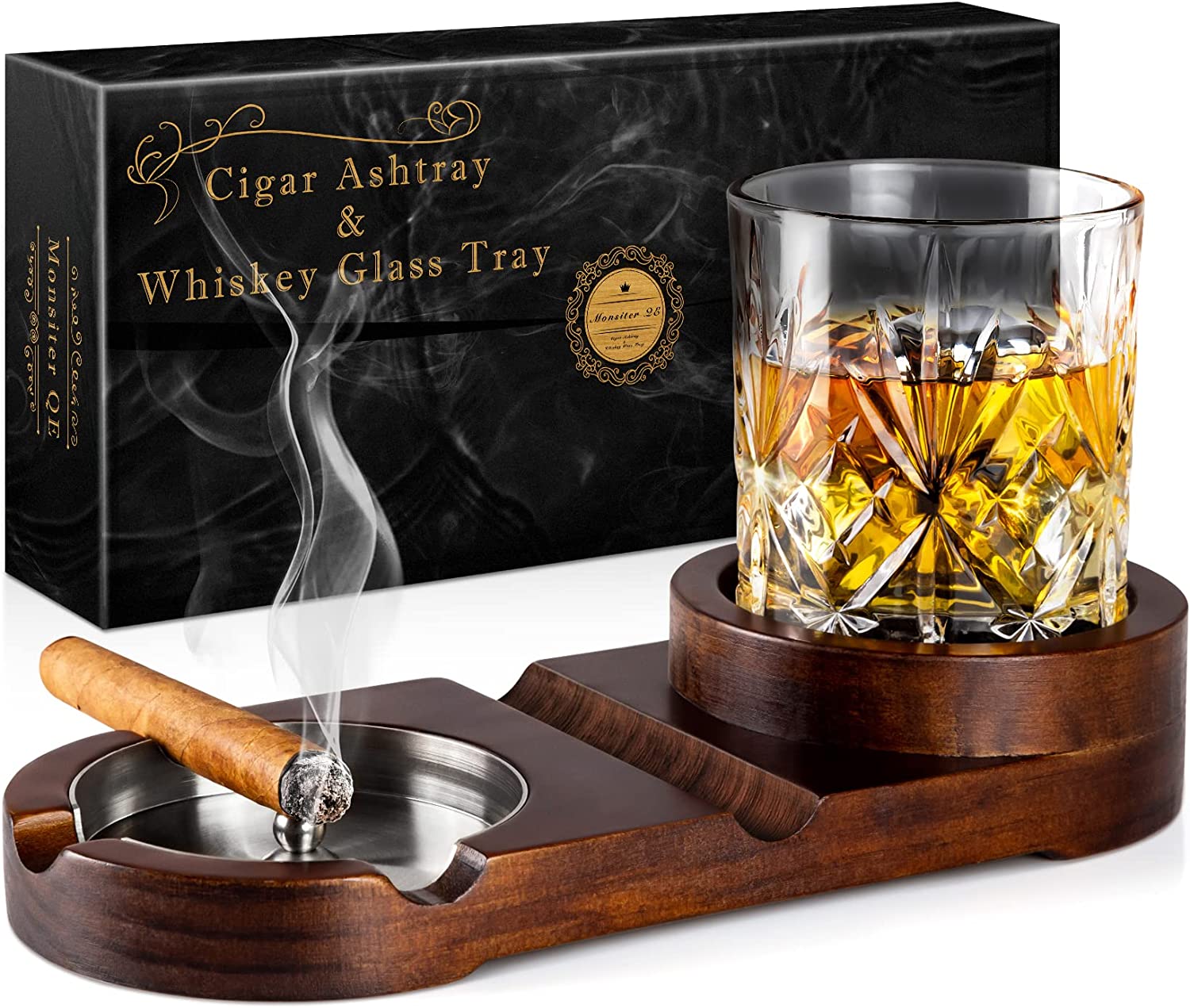 Ashtrays, Whiskey Glass Tray and Cigar Holder for Indoor Outdoor, Wooden Ash Tray Detachable Ashtray for Cigarettes, Cigar Accessories Decor for Home Office Cigar Gifts for Men