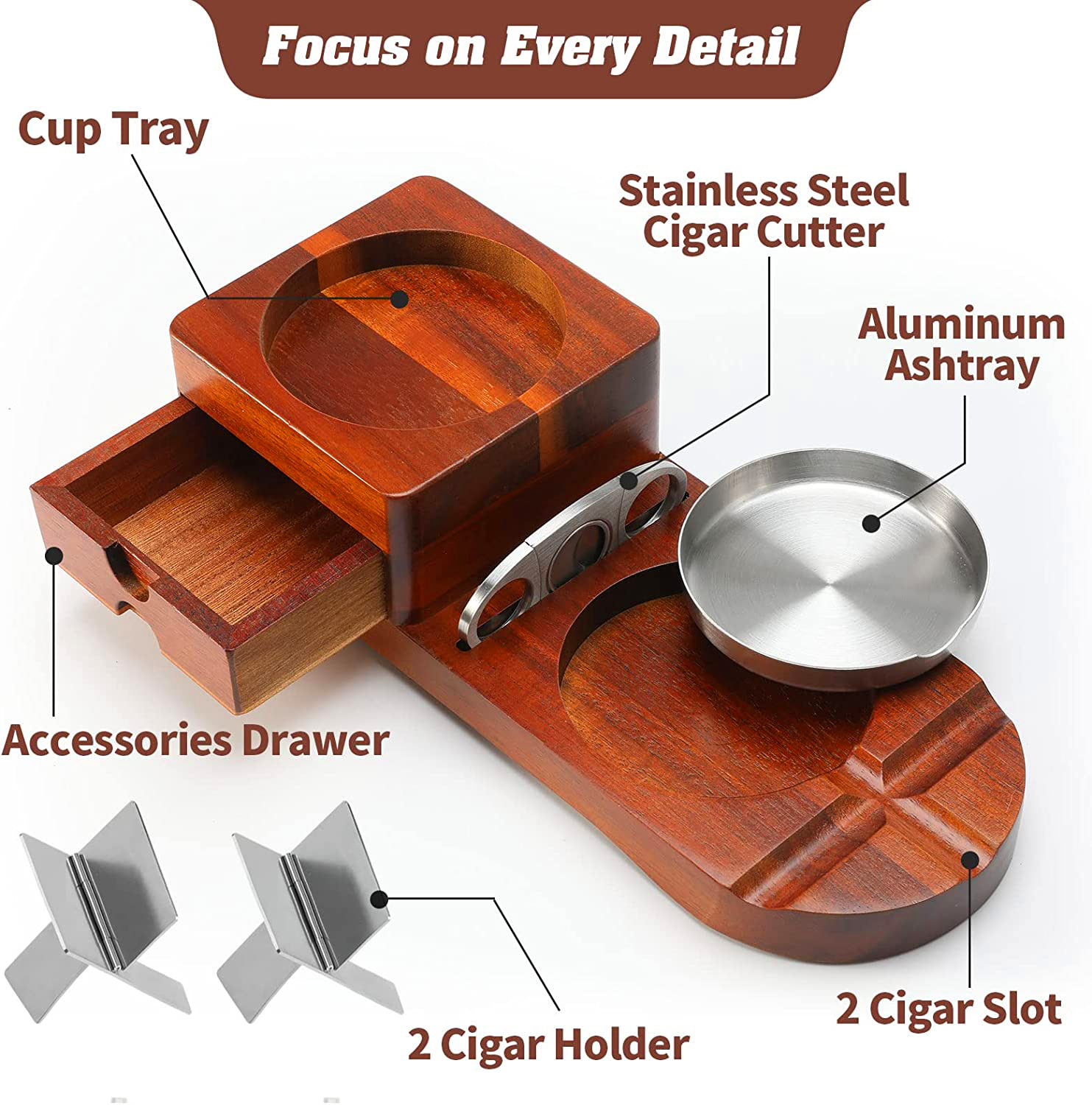 Deluxe Cigar Ashtray Set with 2 Stainless Cigar Steel Holders,Cigar Cutter, and Cigar accessories Drawer - Perfect Cigar Accessories for Men